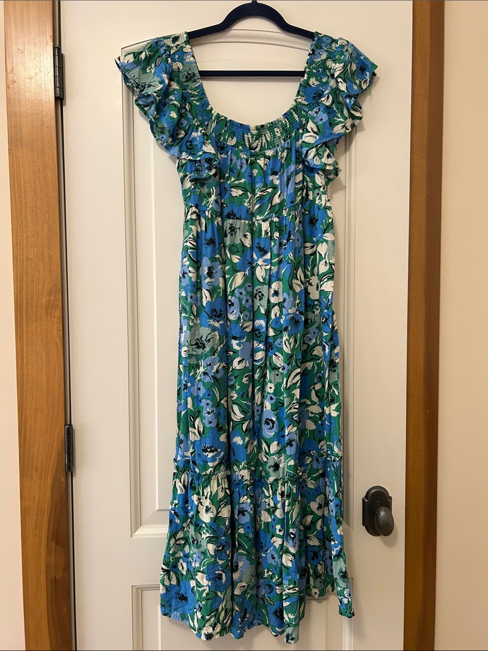 Floral Blue & Green Ruffle Midi Dress